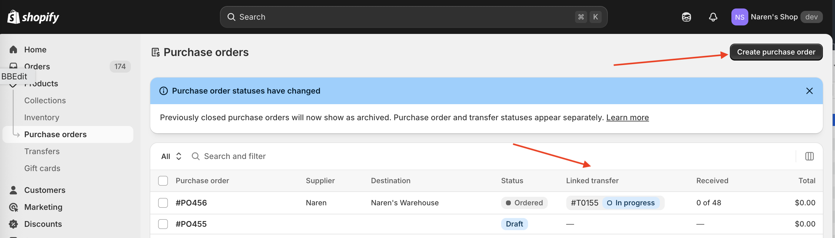 Shopify Purchase Orders page showing the new Linked Transfer column and a Create purchase order button