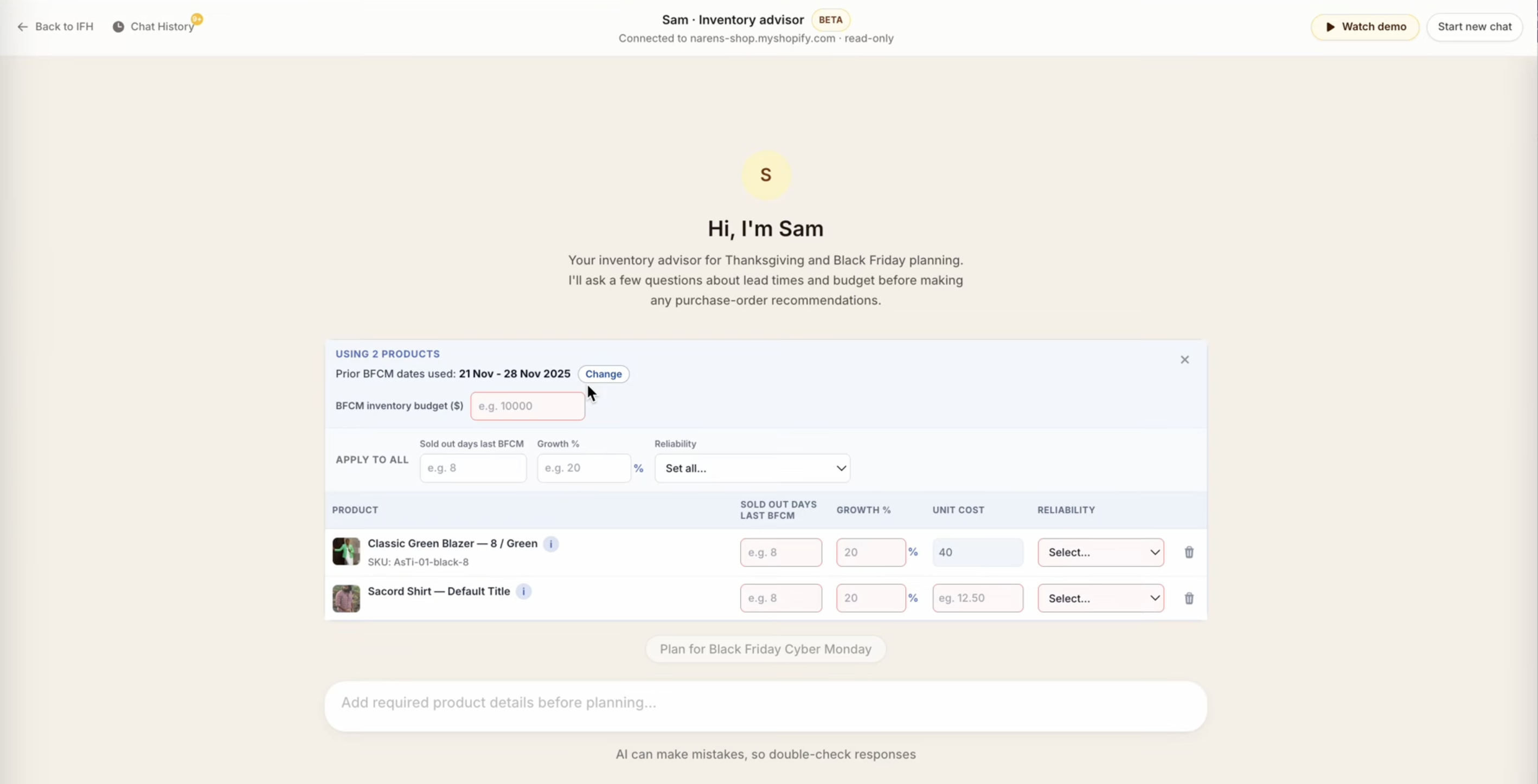 Sam AI chatbot — choosing products for BFCM planning in IFH