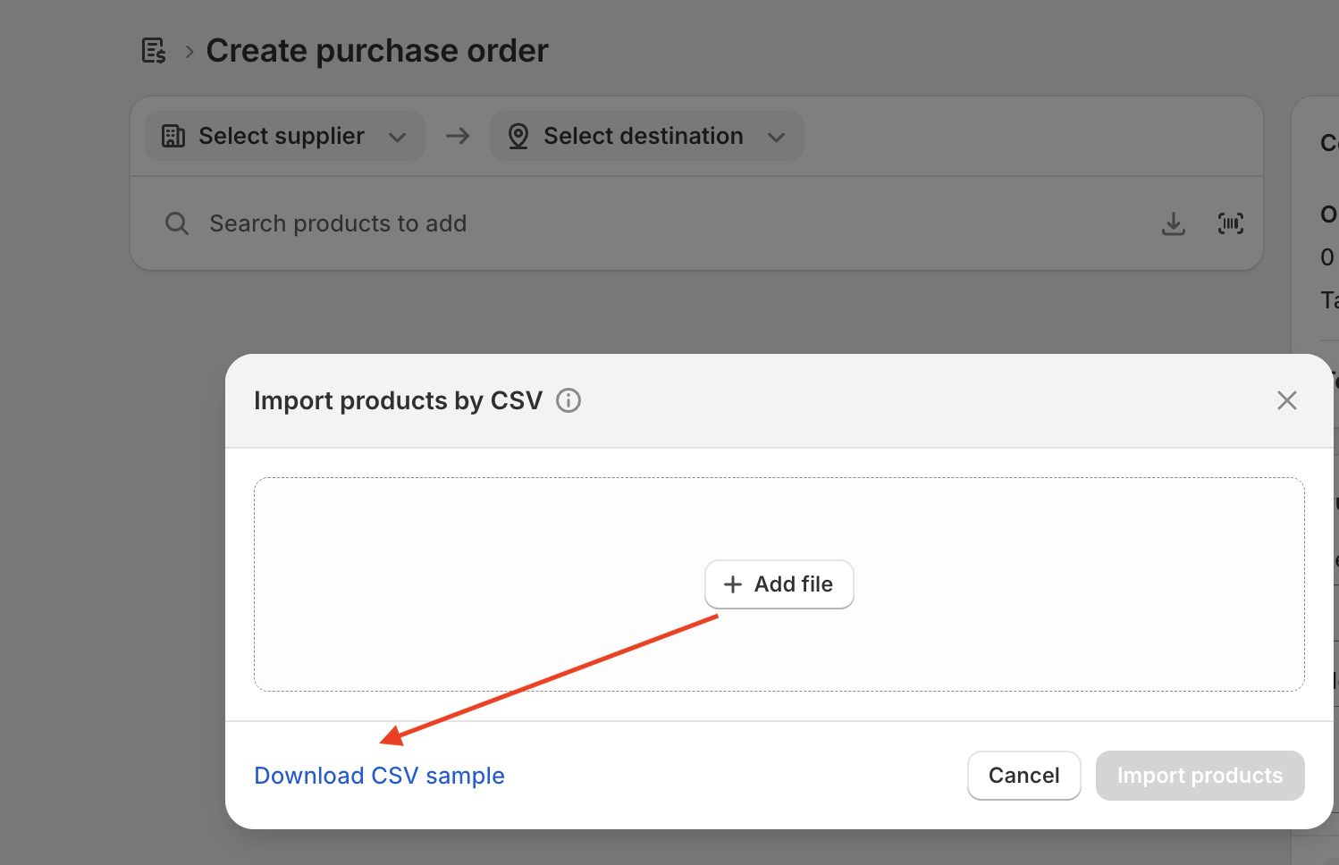 Shopify Import Products by CSV dialog showing the file upload area and Download CSV sample link