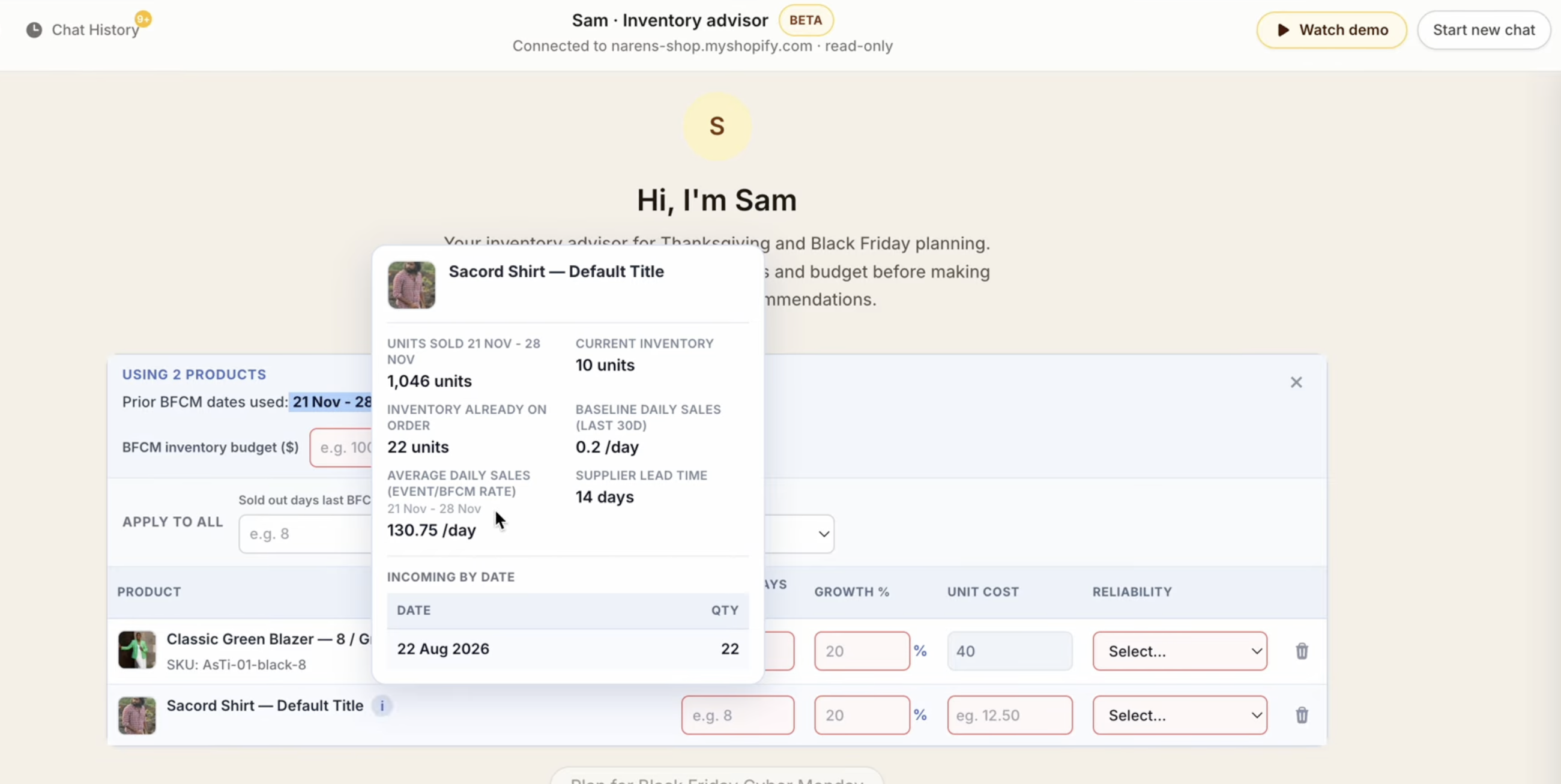 Sam showing last year's BFCM sales details and current inventory automatically loaded for Sacord Shirt