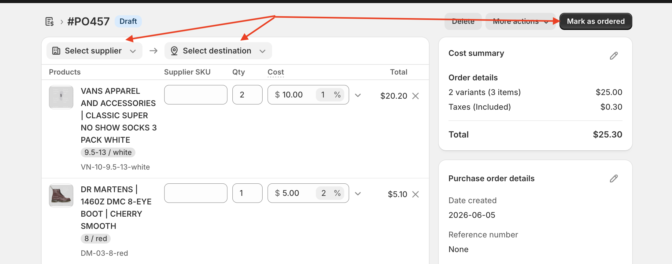 Shopify PO #PO457 in Draft status showing Select supplier, Select destination dropdowns and Mark as ordered button