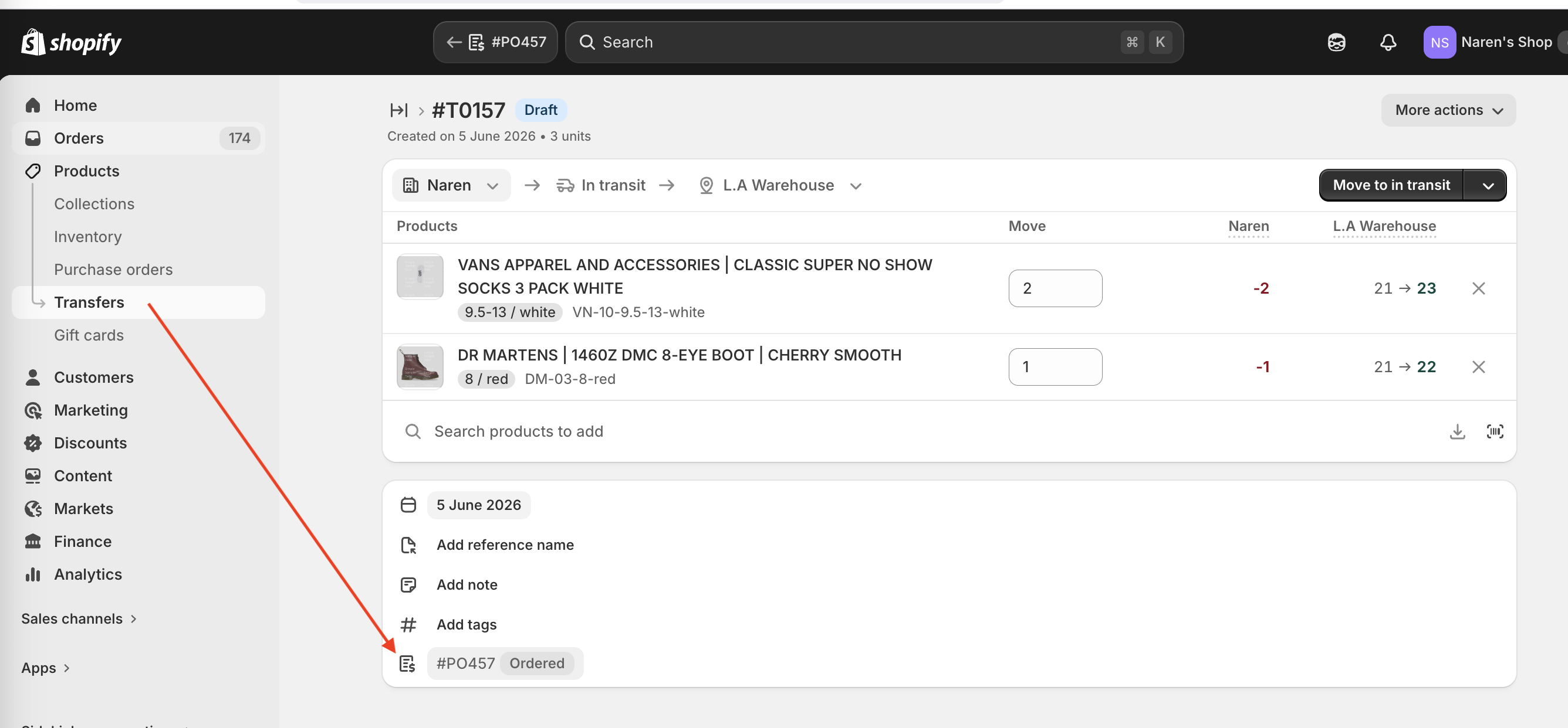 Transfer #T0157 in Draft status showing products pre-populated and PO #PO457 linked at the bottom