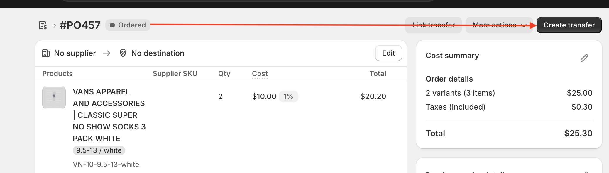 Shopify PO #PO457 marked as Ordered with the Create transfer button highlighted