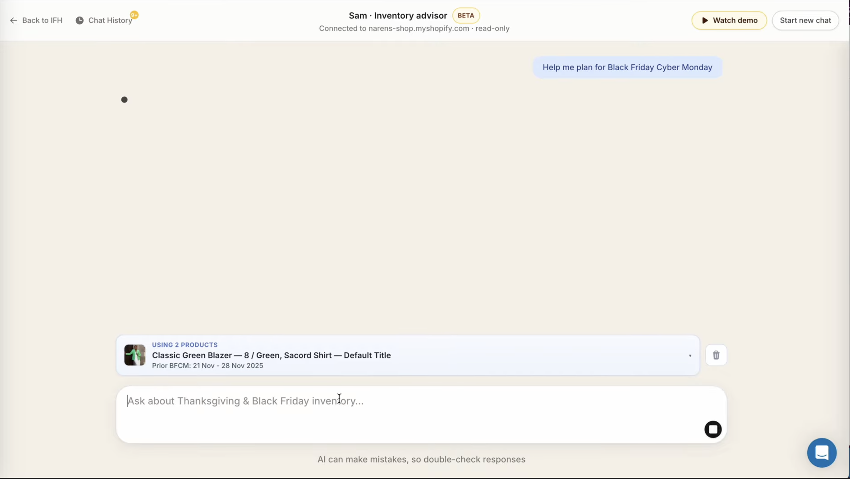 Sam chatbot showing the Plan for Black Friday Cyber Monday button ready to press