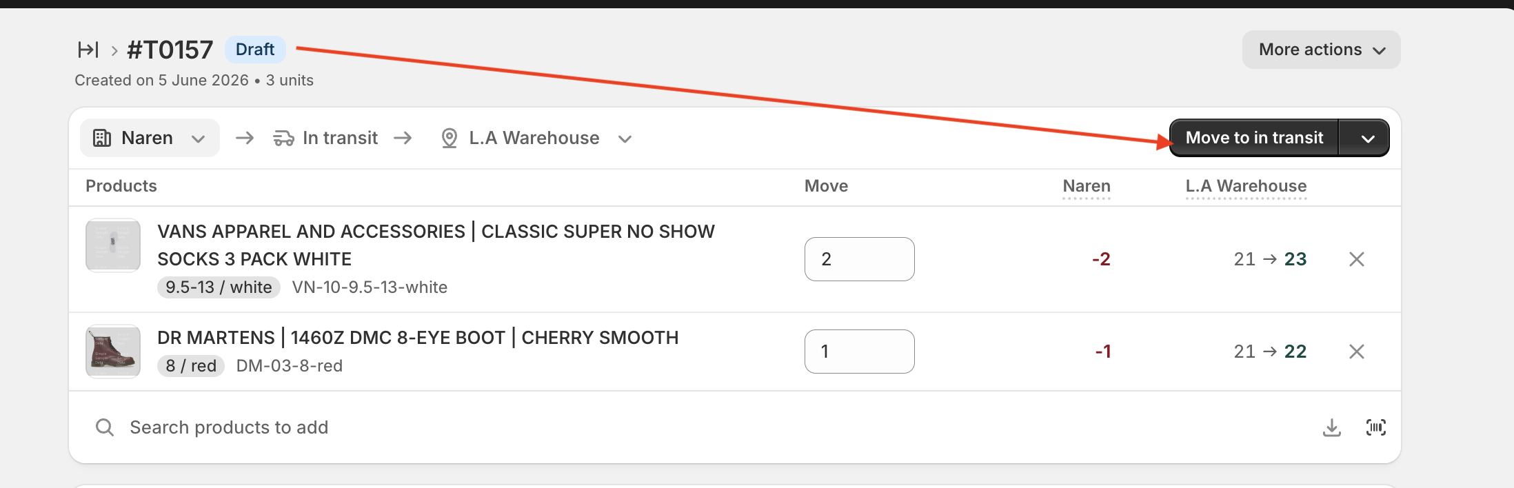 Transfer #T0157 in Draft status with the Move to in transit button highlighted