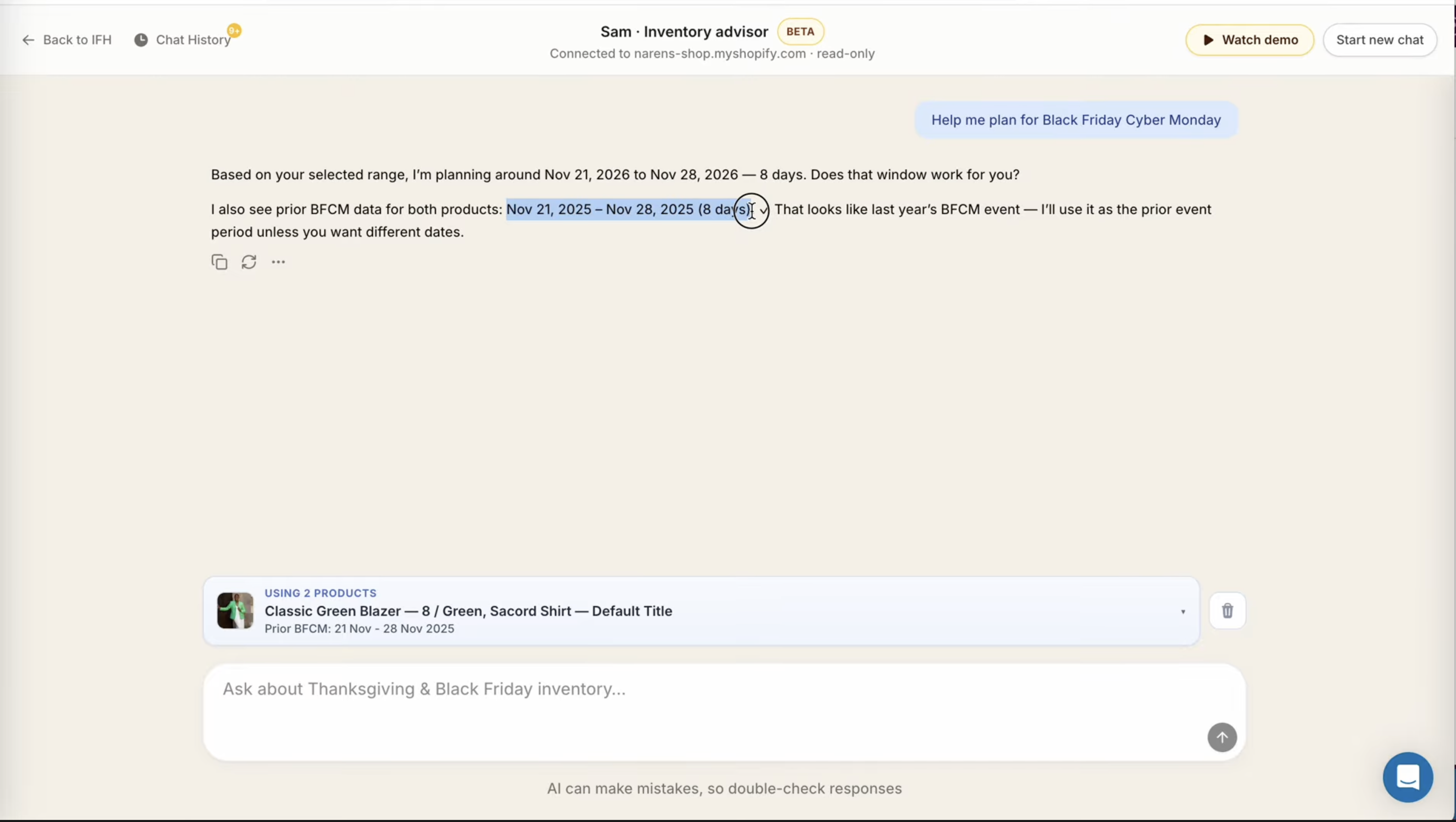 Sam chatbot confirming this year's BFCM planning window as Nov 21 to Nov 28 2026 and asking if the dates work