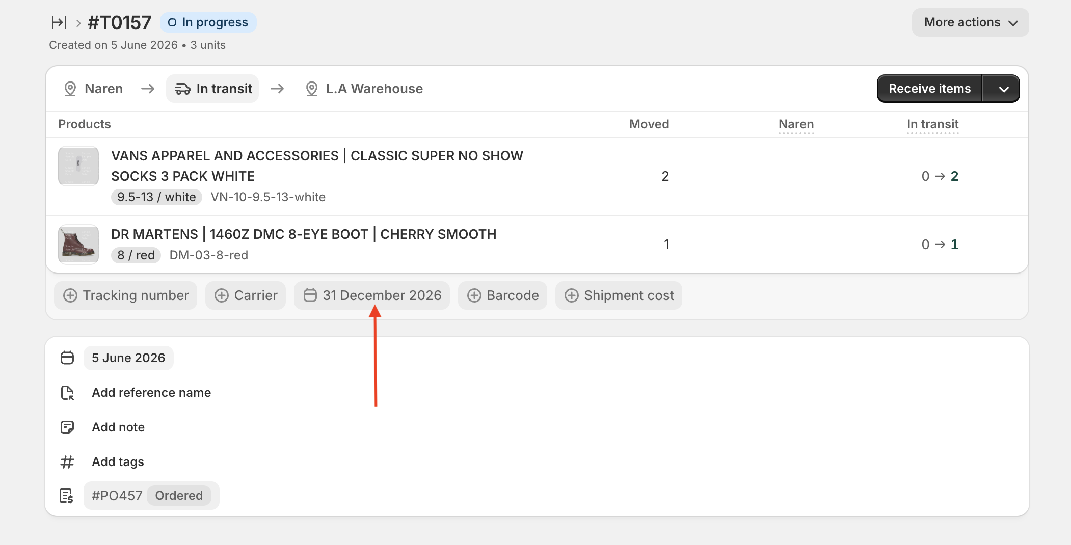 Transfer #T0157 In Progress showing the Expected arrival date set to 31 December 2026