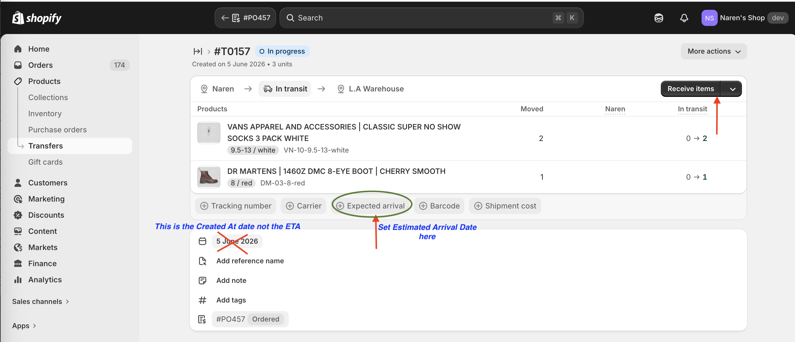 Transfer #T0157 In Progress showing the Expected arrival field circled in the shipment details row, with the Created At date crossed out to avoid confusion