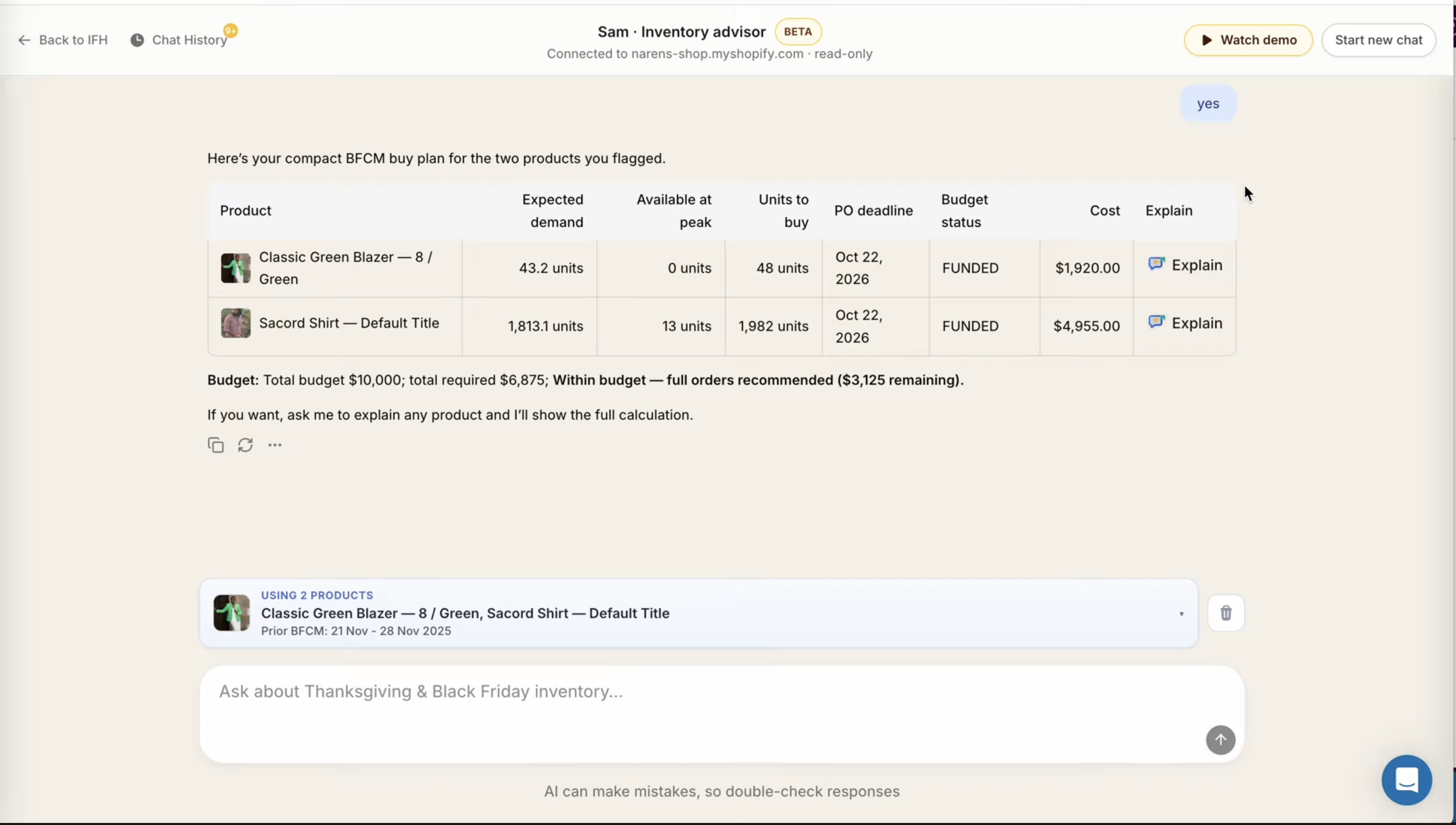 Sam's BFCM buy plan showing expected demand, available at peak, units to buy, PO deadline, budget status and cost for two products