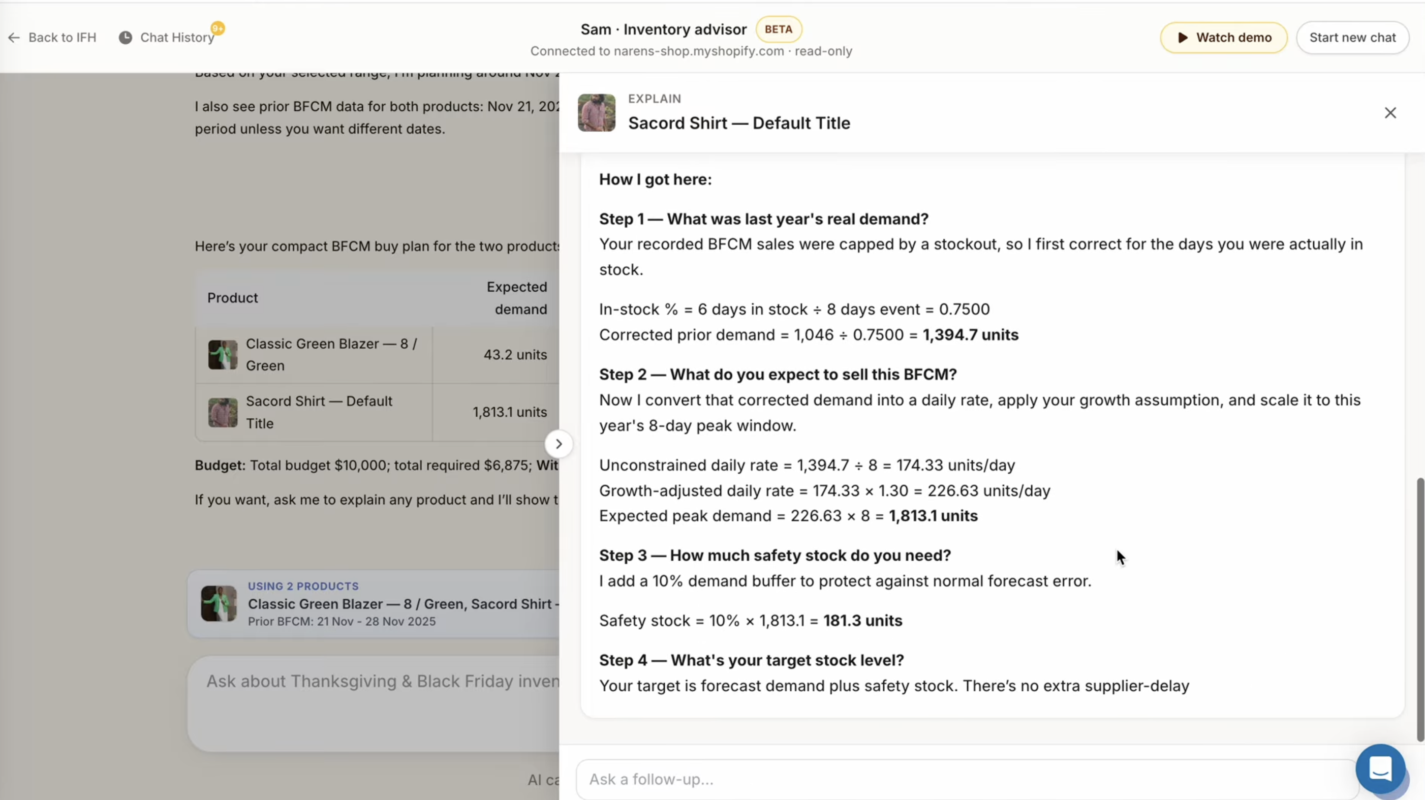 Sam's Explain panel showing step-by-step BFCM calculation for Sacord Shirt — correcting for stockout days, applying growth, calculating safety stock