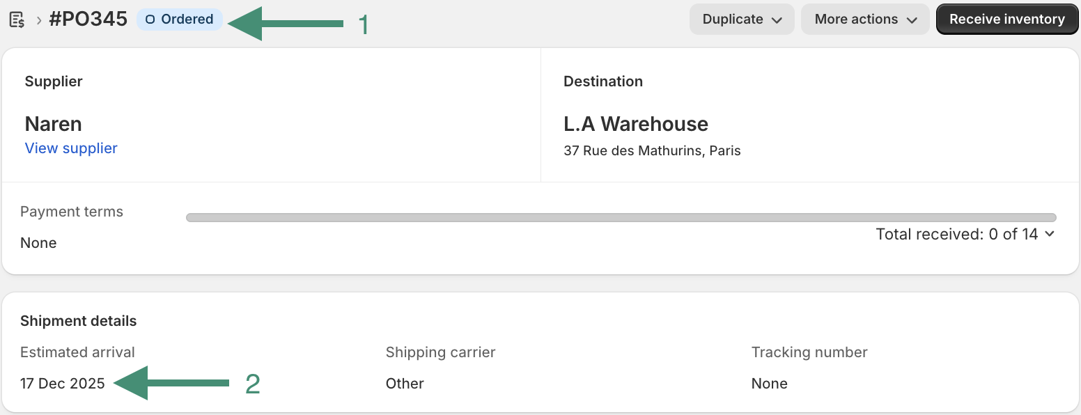 Old Shopify Purchase Order screen showing PO #PO345 with Ordered status and Estimated Arrival Date set directly on the PO