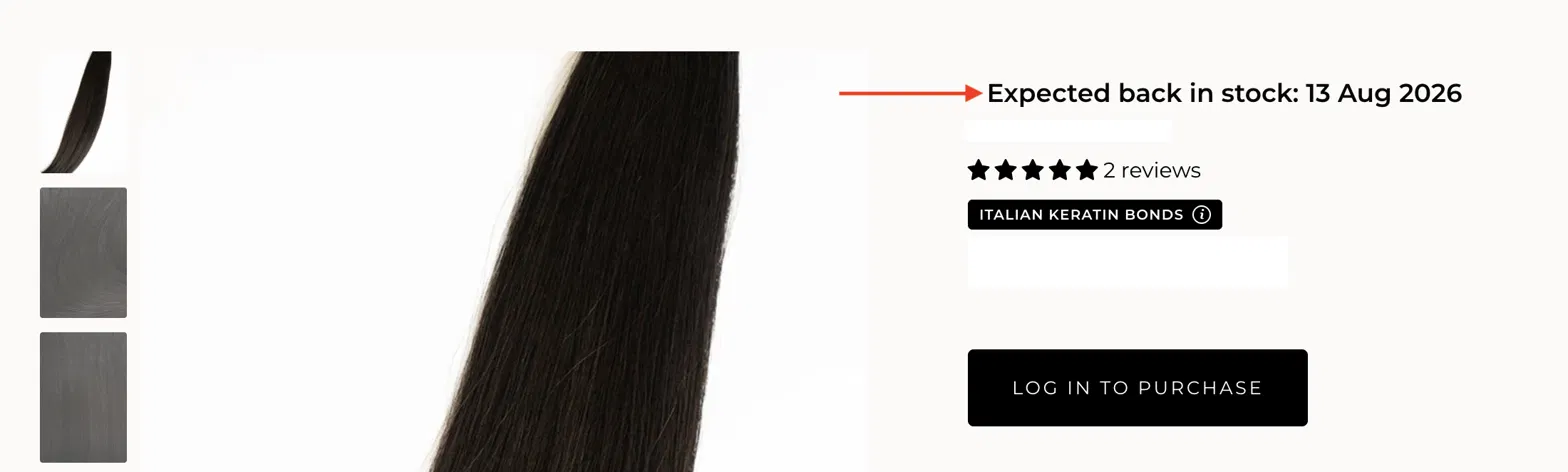 Product page showing "Expected back in stock: 13 Aug 2026" pulled from an in-transit Shopify transfer