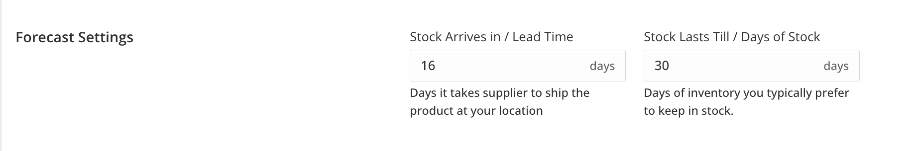 IFH Forecast Settings — Lead Time set to 16 days, Days of Stock set to 30 days
