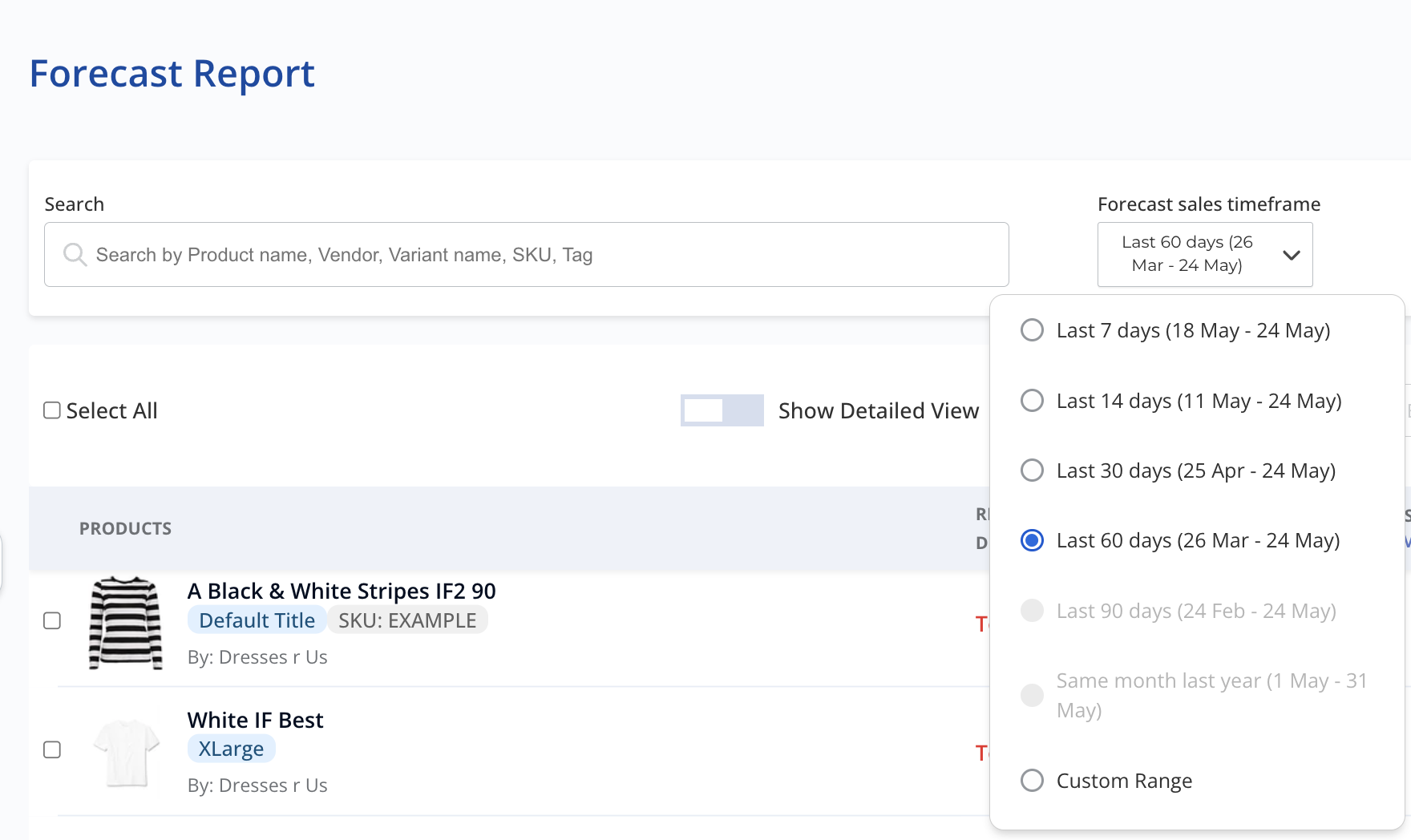 IFH Forecast Report — Sales timeframe dropdown showing options: Last 7, 14, 30, 60, 90 days and Same month last year