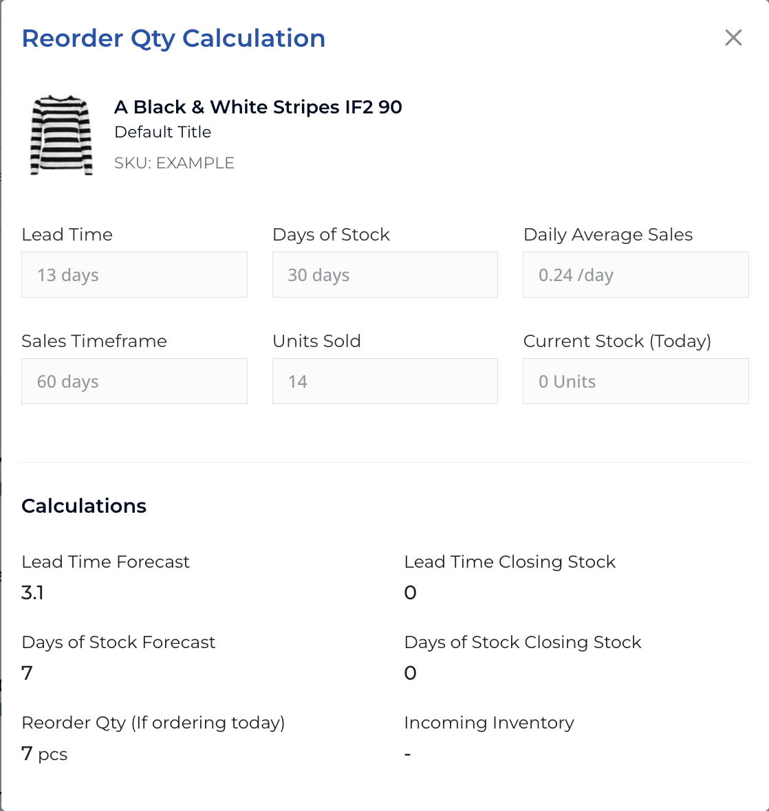 IFH Reorder Qty Calculation popup showing lead time, days of stock, daily average sales, units sold, current stock, and computed reorder quantity of 7 pcs
