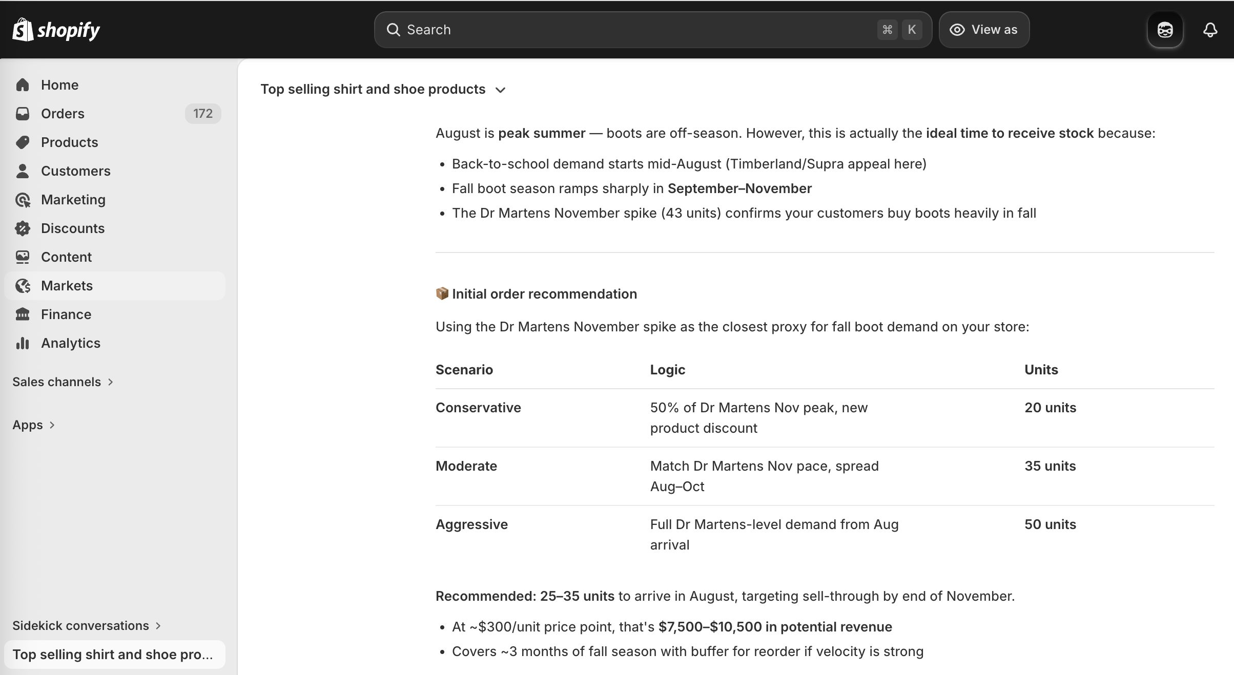 Sidekick's response with seasonal context and a conservative/moderate/aggressive order quantity recommendation
